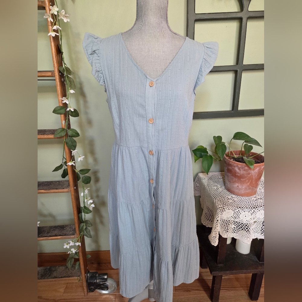 Blue Midi Dress with Button Detail